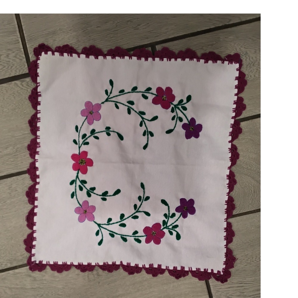 Vintage Hand Embroidered Floral Doily Cotton Purple‎ Pink Crochet Lace Trim- C